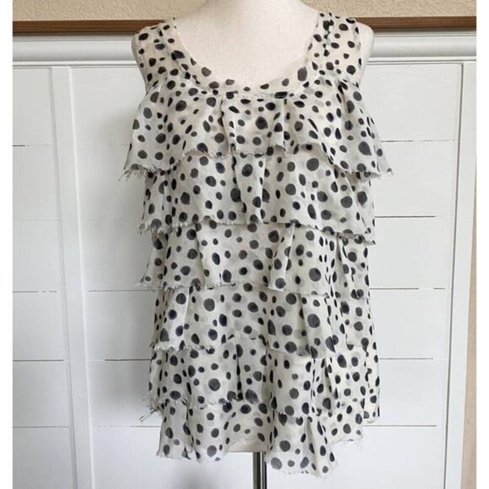 Loft Polka Dot Ruffle Tiered Sleeveless‎ Blouse White Black Scoop Neck Top